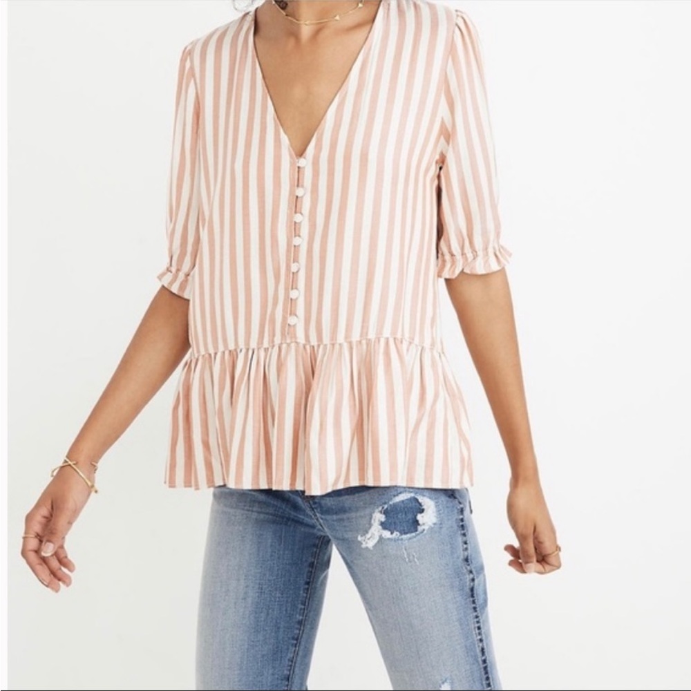 Madewell Courtyard Ruffle Hem Pink and White Striped Top
